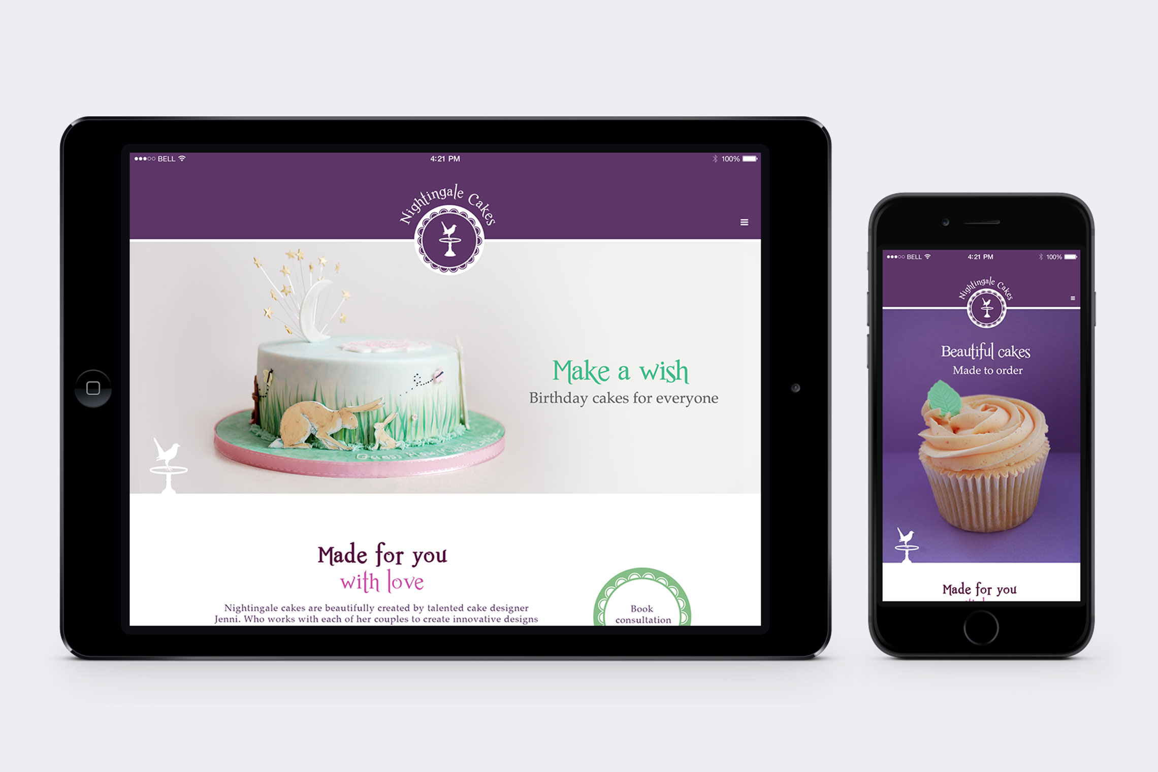 Nightingale Cakes website design on ipad and iphone | Made by Miranda | © Miranda Thorne | madebymiranda.co.uk